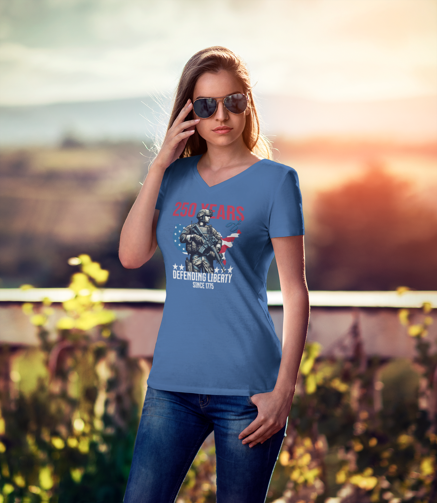 Defending Liberty Since 1775 – America 250 Ladies V-Neck