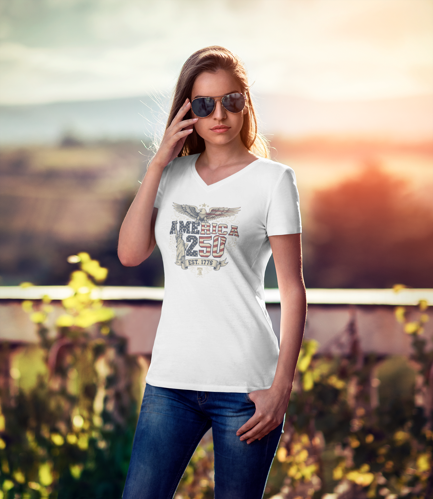 America 250: Born Free, Still Standing Tee - Ladies V-Neck