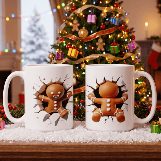 Two white ceramic Christmas mugs with gingerbread men graphics, displayed on a snowy surface in front of a decorated Christmas tree.