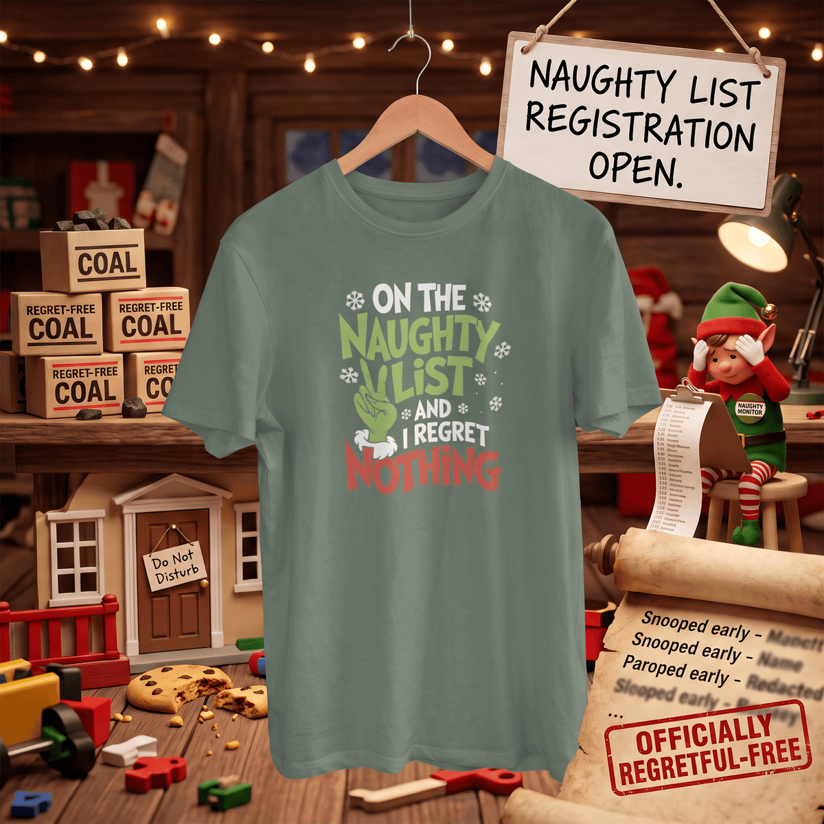 A sage green graphic t-shirt hanging on a wooden hanger in a Christmas-themed workshop setting. The shirt features a festive graphic that reads 'ON THE NAUGHTY LIST AND I REGRET NOTHING' in green, white, and red lettering, accompanied by a green Grinch-style face and white snowflakes.