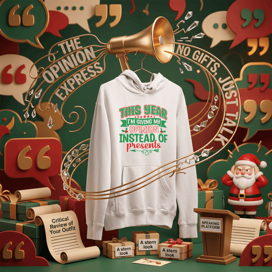A white pullover hoodie with a colorful graphic print reading 'THIS YEAR I'M GIVING MY OPINION INSTEAD OF presents' is centered against a festive illustrated background with speech bubbles, a megaphone, musical notes, gifts, and a small Santa figure.