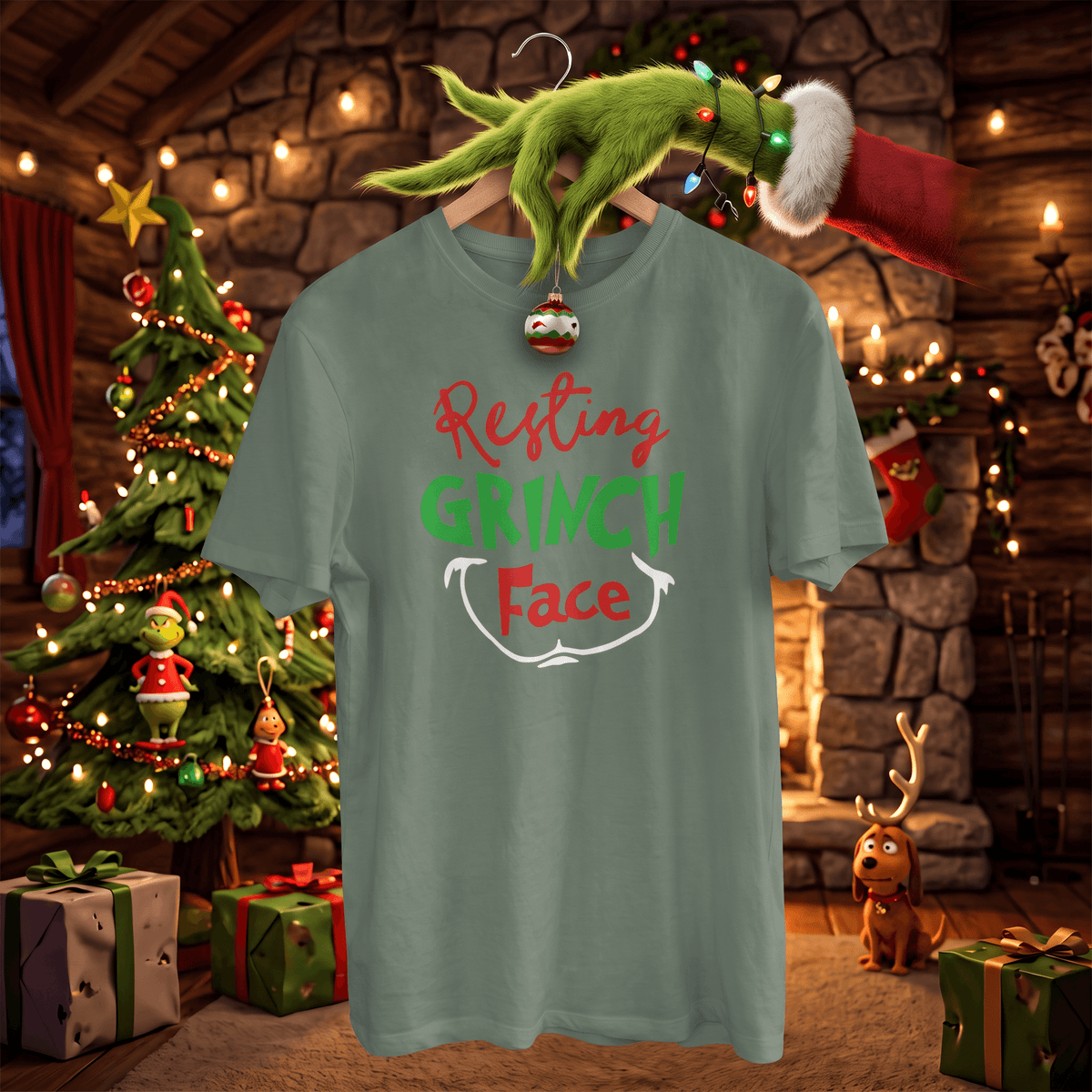 A sage green t-shirt featuring a 'Resting GRINCH Face' graphic, hanging on a wooden hanger decorated with a Christmas ornament and a Grinch hand wearing a Santa hat. The scene is set in a cozy, festive Christmas living room with a decorated tree, fireplace, and gifts.
