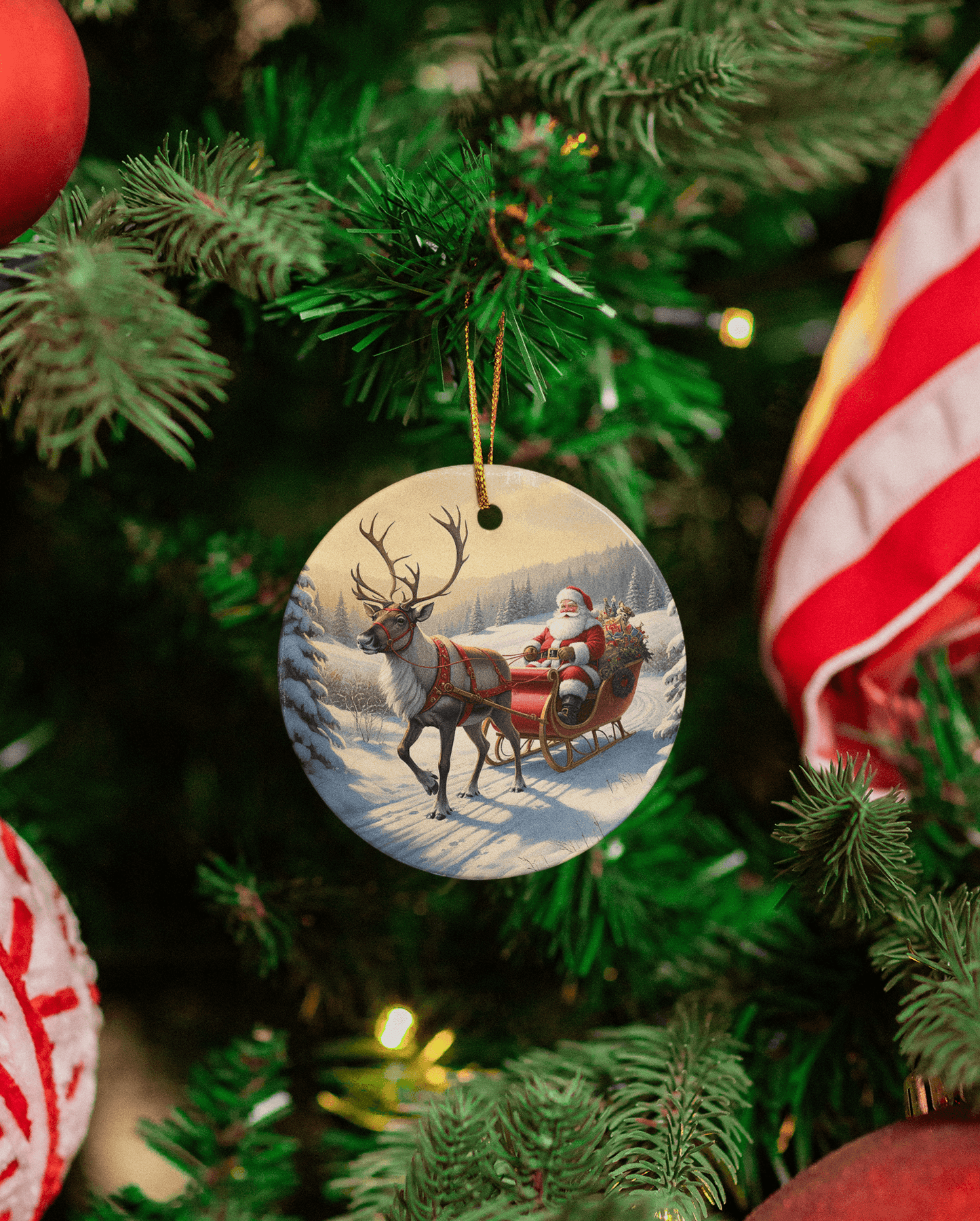 Vintage Santa Sleigh Ceramic Ornament