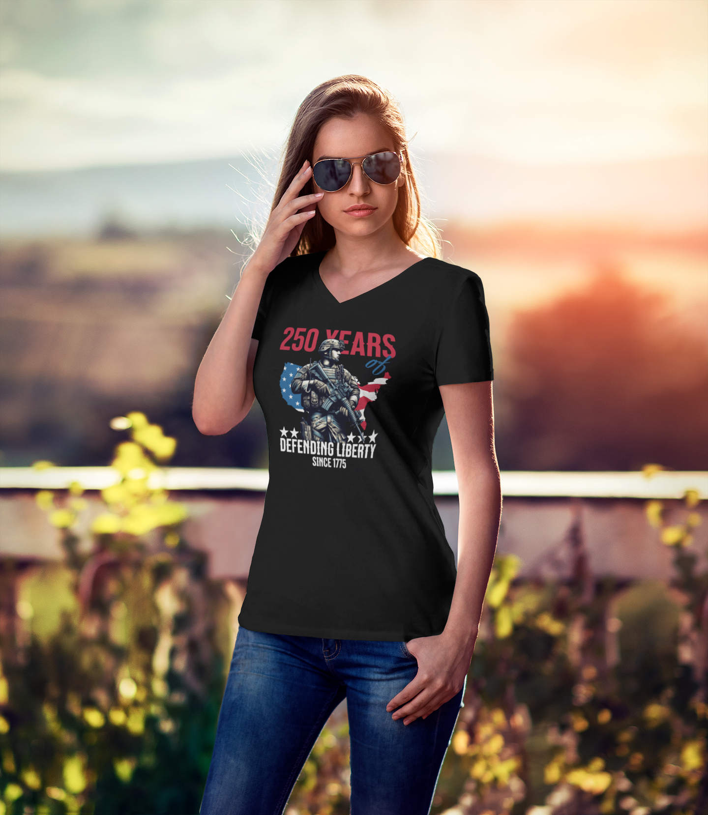 Defending Liberty Since 1775 – America 250 Ladies V-Neck