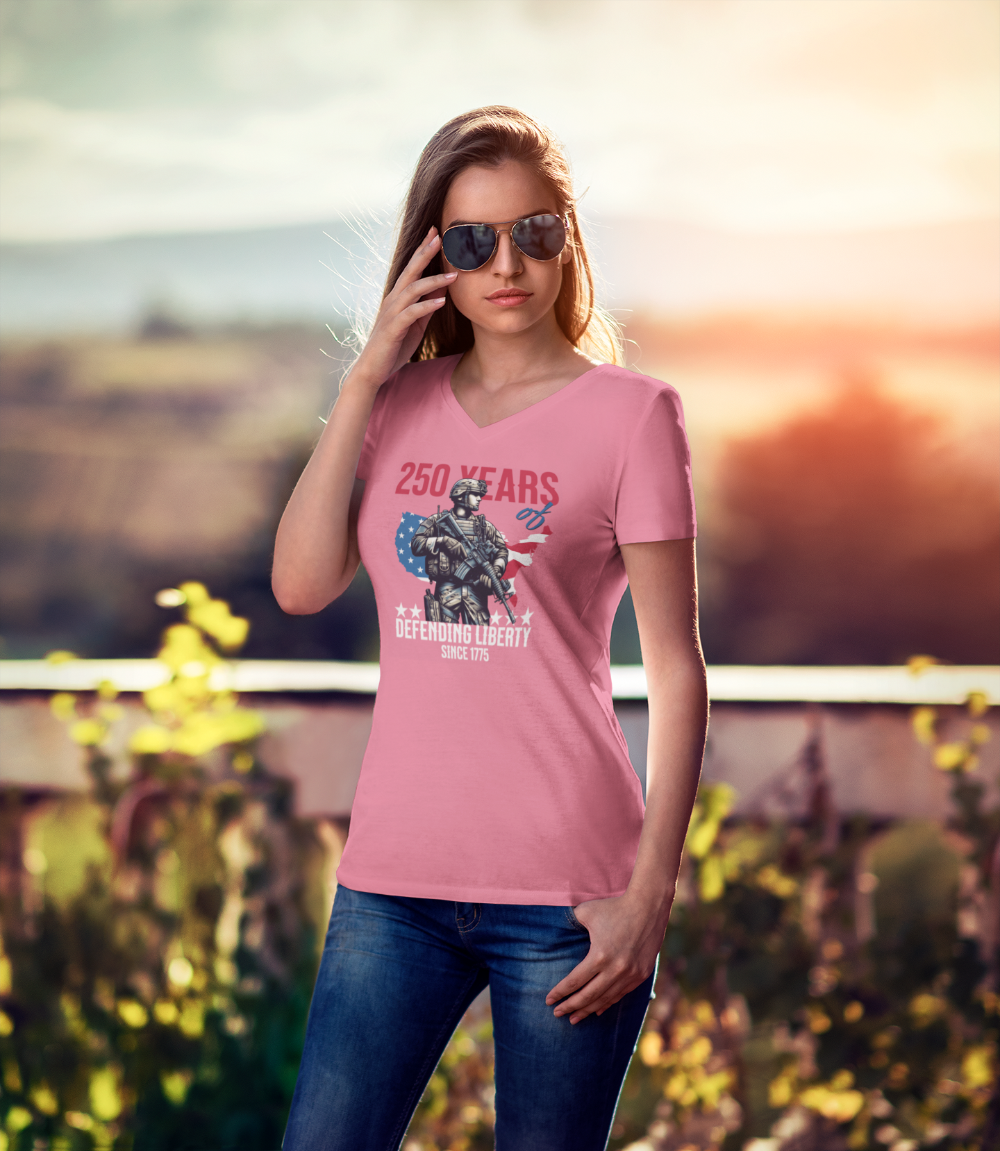 Defending Liberty Since 1775 – America 250 Ladies V-Neck