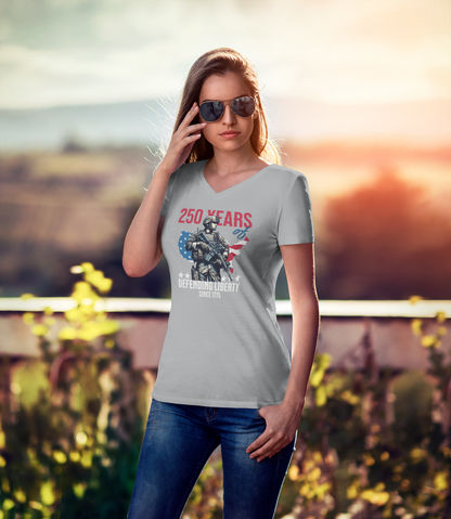 Defending Liberty Since 1775 – America 250 Ladies V-Neck