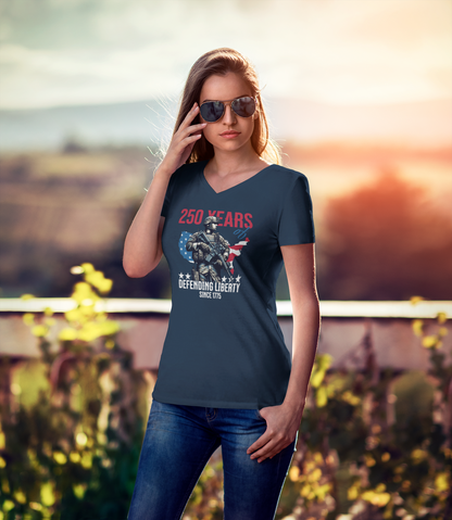 Defending Liberty Since 1775 – America 250 Ladies V-Neck