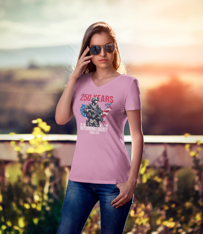 Defending Liberty Since 1775 – America 250 Ladies V-Neck