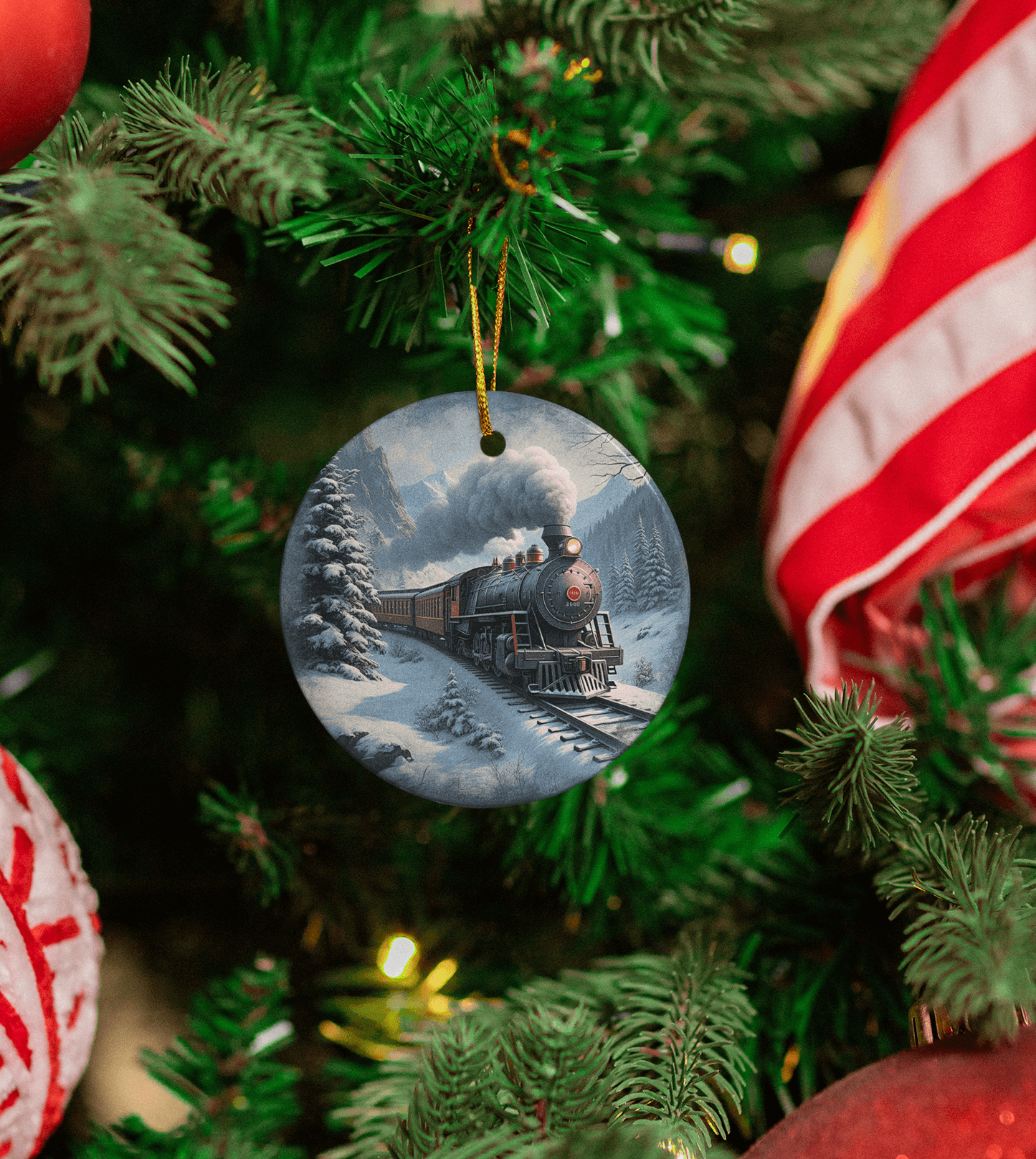 Vintage Christmas Train Ceramic Ornament