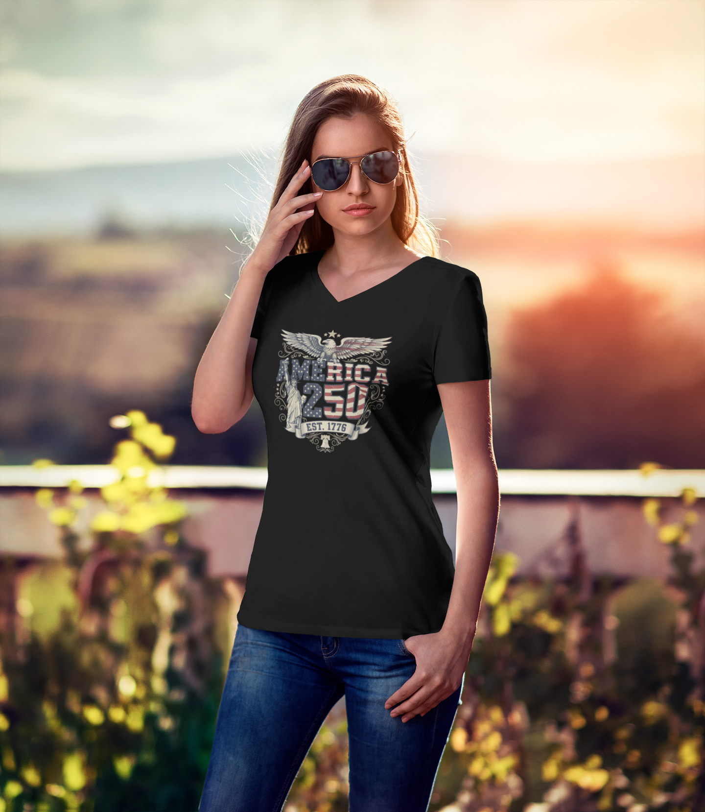 America 250: Born Free, Still Standing Tee - Ladies V-Neck