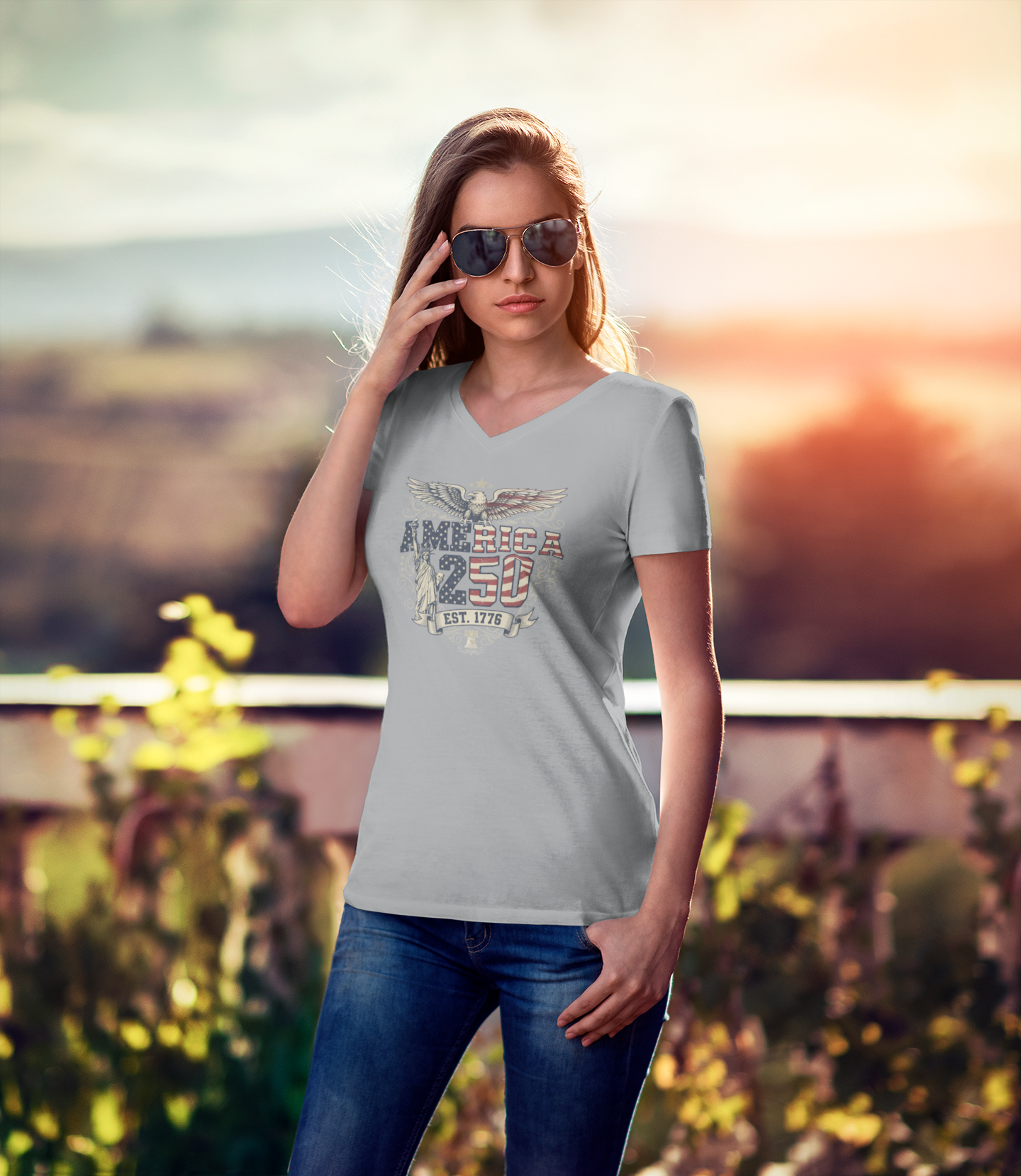 America 250: Born Free, Still Standing Tee - Ladies V-Neck