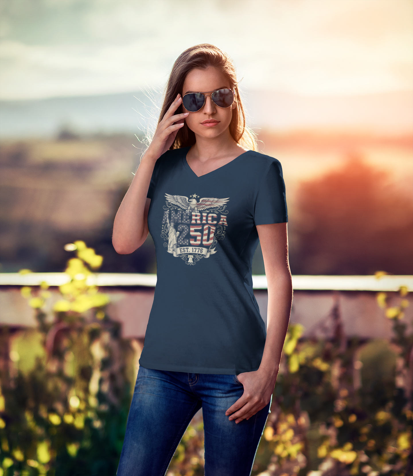 America 250: Born Free, Still Standing Tee - Ladies V-Neck