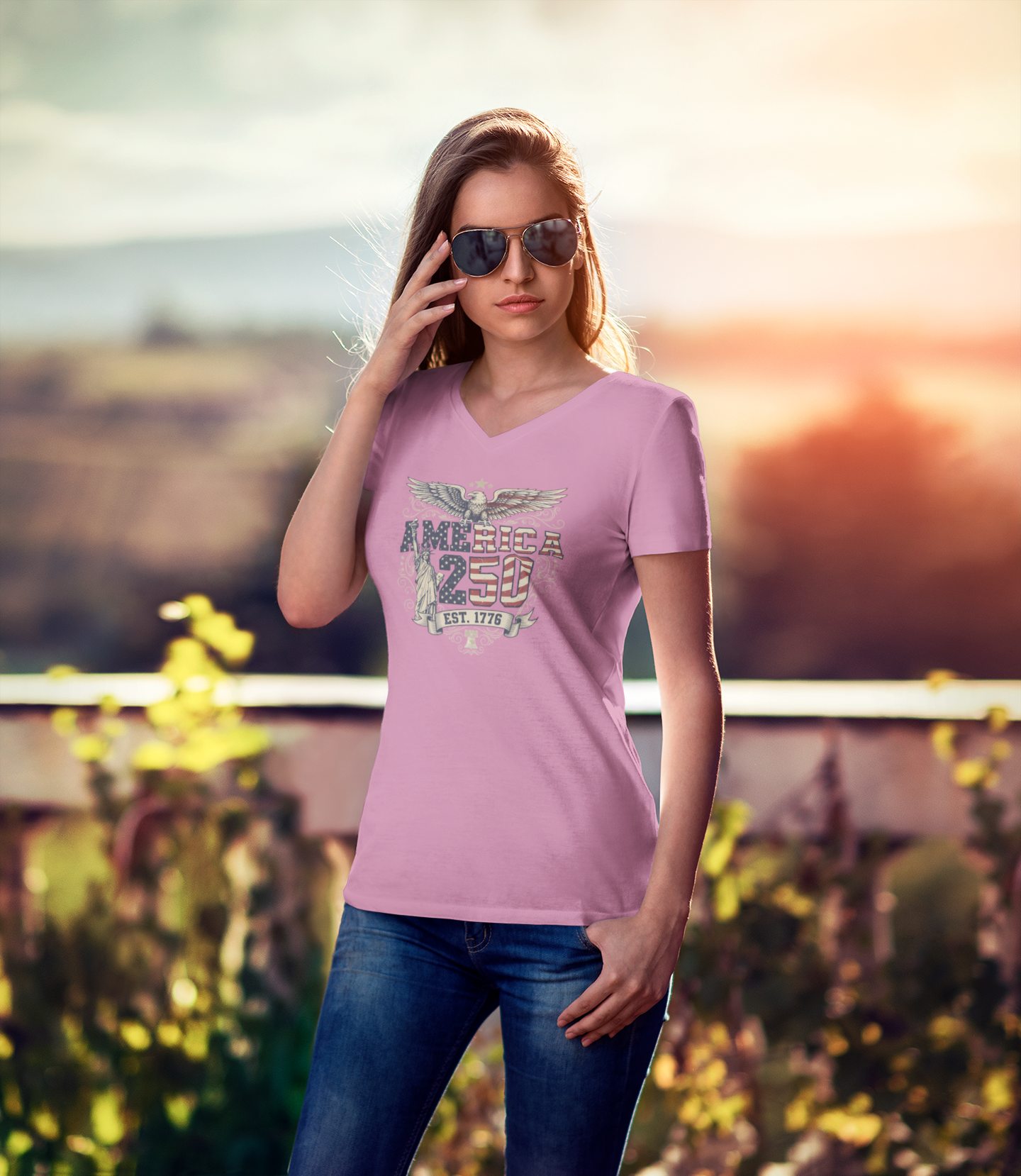 America 250: Born Free, Still Standing Tee - Ladies V-Neck