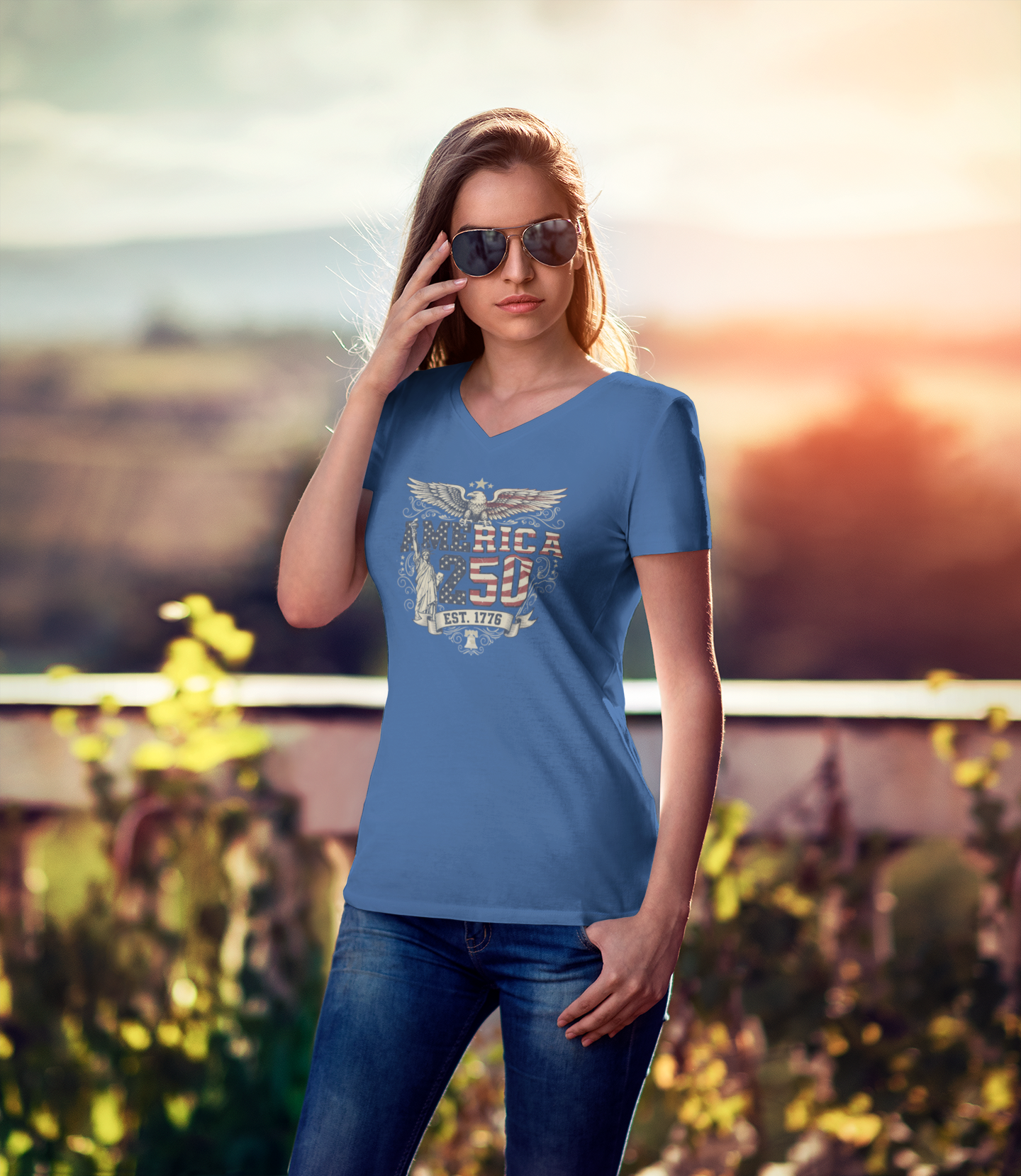 America 250: Born Free, Still Standing Tee - Ladies V-Neck