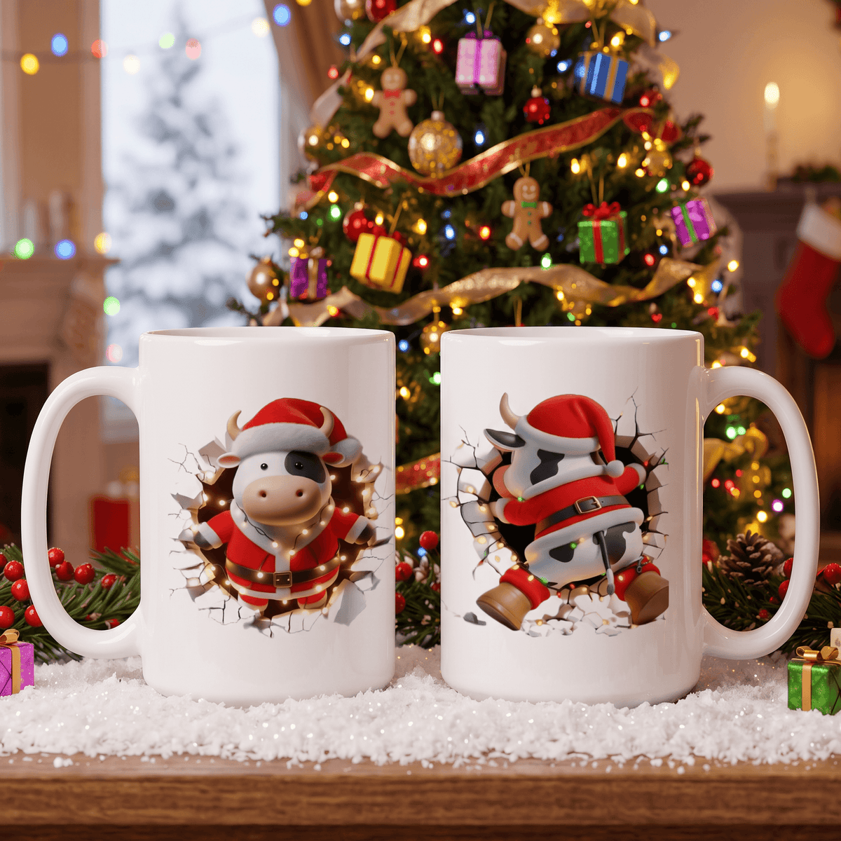Two white ceramic mugs with a cartoon cow dressed as Santa Claus bursting through a cracked wall design, displayed on a snowy surface in front of a decorated Christmas tree.