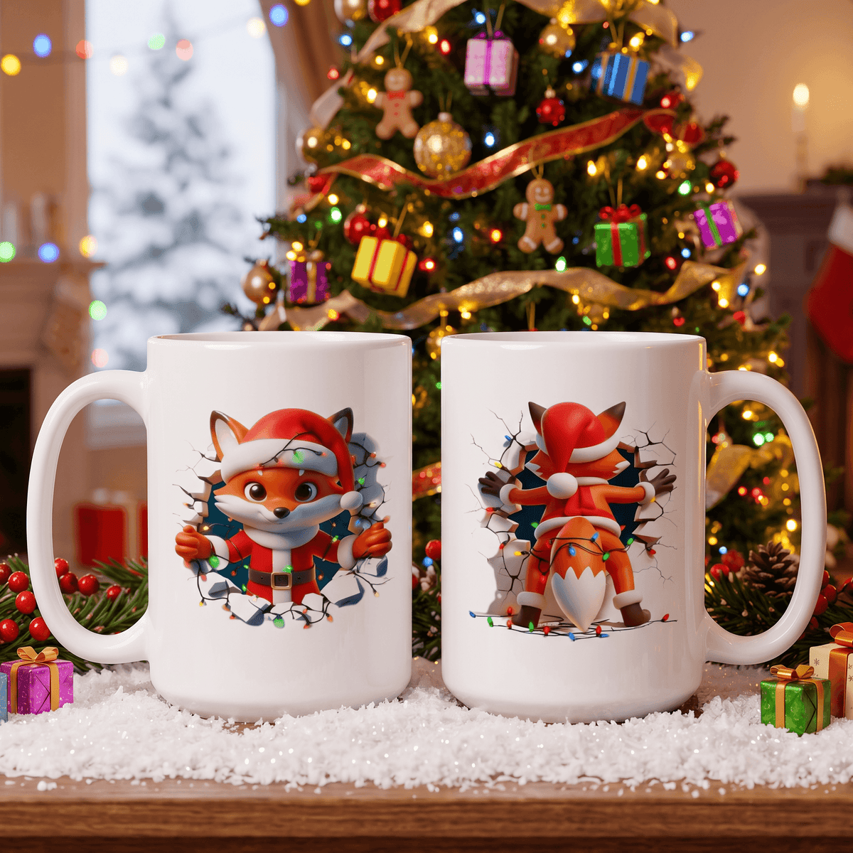 Two white ceramic mugs with Christmas fox illustrations, displayed on a snowy surface in front of a decorated Christmas tree.