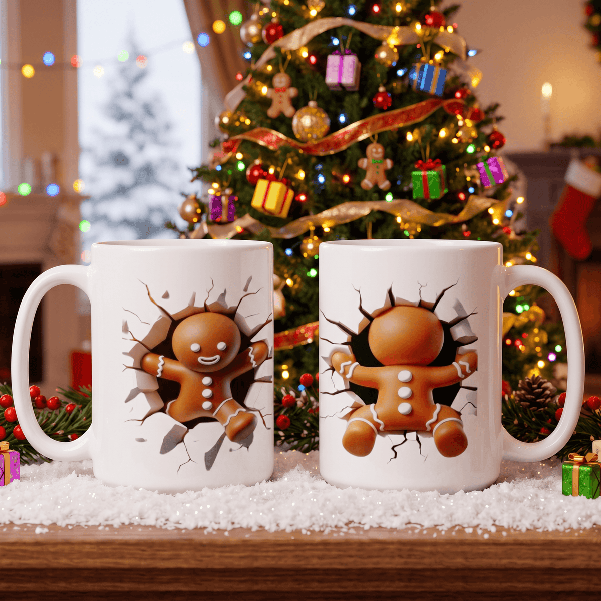 Two white ceramic Christmas mugs with gingerbread men graphics, displayed on a snowy surface in front of a decorated Christmas tree.