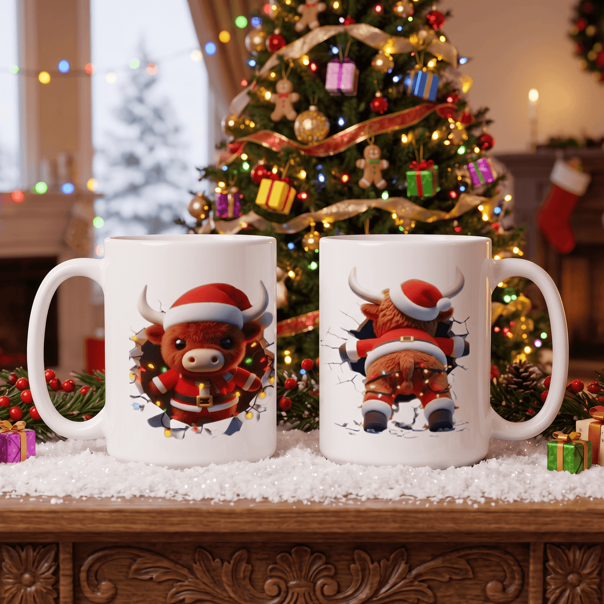 Two white ceramic mugs with a festive Christmas bull graphic, displayed on a wooden mantel with a decorated Christmas tree in the background.