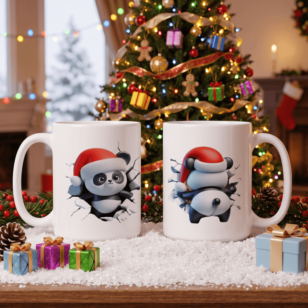 Two white ceramic mugs featuring a cartoon panda wearing a red Santa hat, displayed on a snowy surface in front of a decorated Christmas tree.