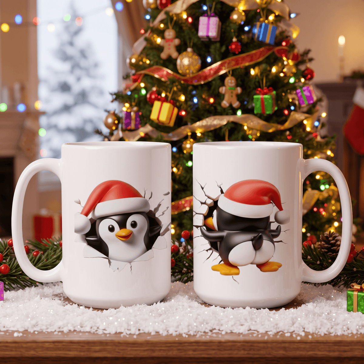 Two white ceramic mugs with penguin holiday designs, displayed on a snowy surface in front of a decorated Christmas tree.
