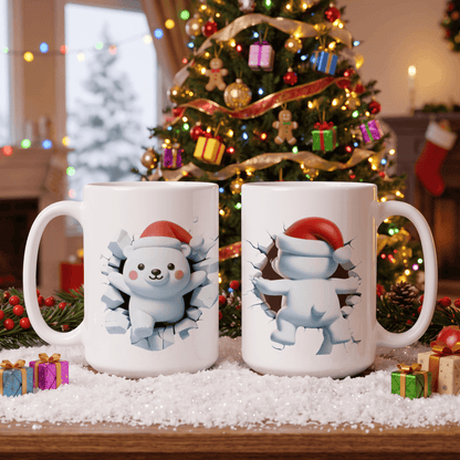 Two white ceramic mugs with a cartoon polar bear wearing a red Santa hat, shown in a festive Christmas setting with a decorated tree and holiday decorations in the background.