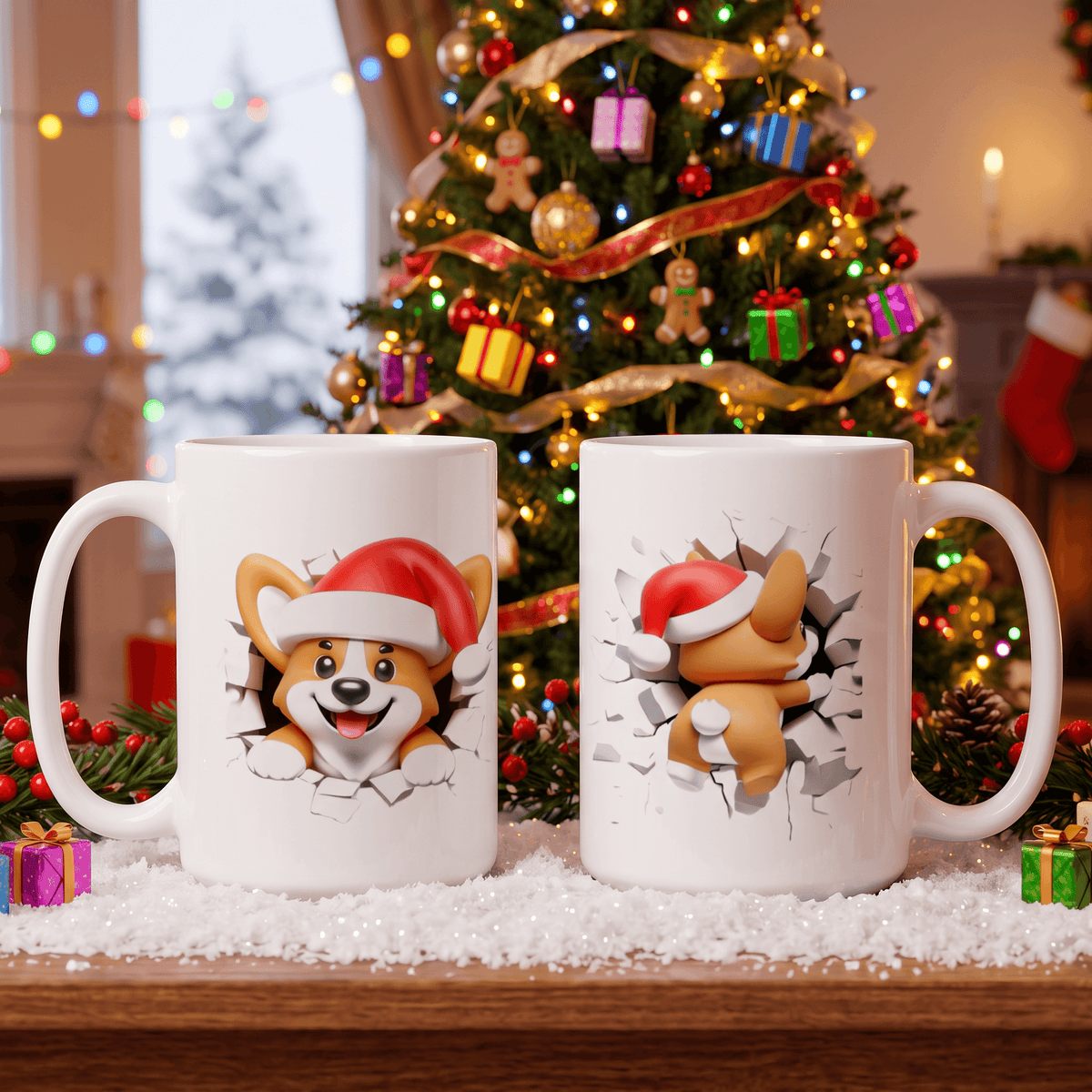 Two white ceramic mugs with a 3D-effect cartoon dog wearing a Santa hat, displayed on a snowy surface in front of a decorated Christmas tree.