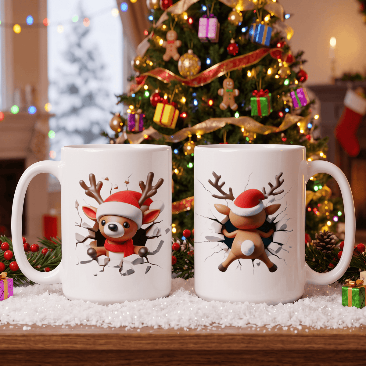 Two white ceramic mugs with Christmas cartoon deer designs, displayed on a snowy surface in front of a decorated Christmas tree.