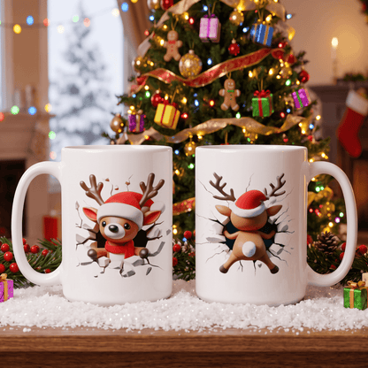Two white ceramic mugs with Christmas cartoon deer designs, displayed on a snowy surface in front of a decorated Christmas tree.