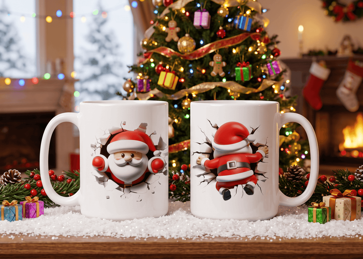 Two white ceramic mugs with a 3D-effect Santa Claus design, displayed on a snowy surface in front of a decorated Christmas tree and fireplace.