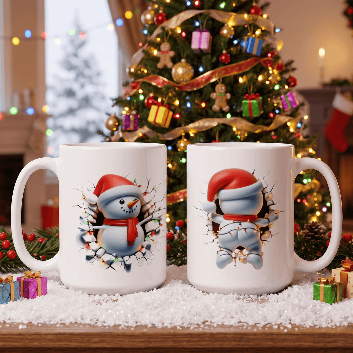 Two white ceramic mugs with a Christmas snowman design, displayed on a snowy surface in front of a decorated Christmas tree.