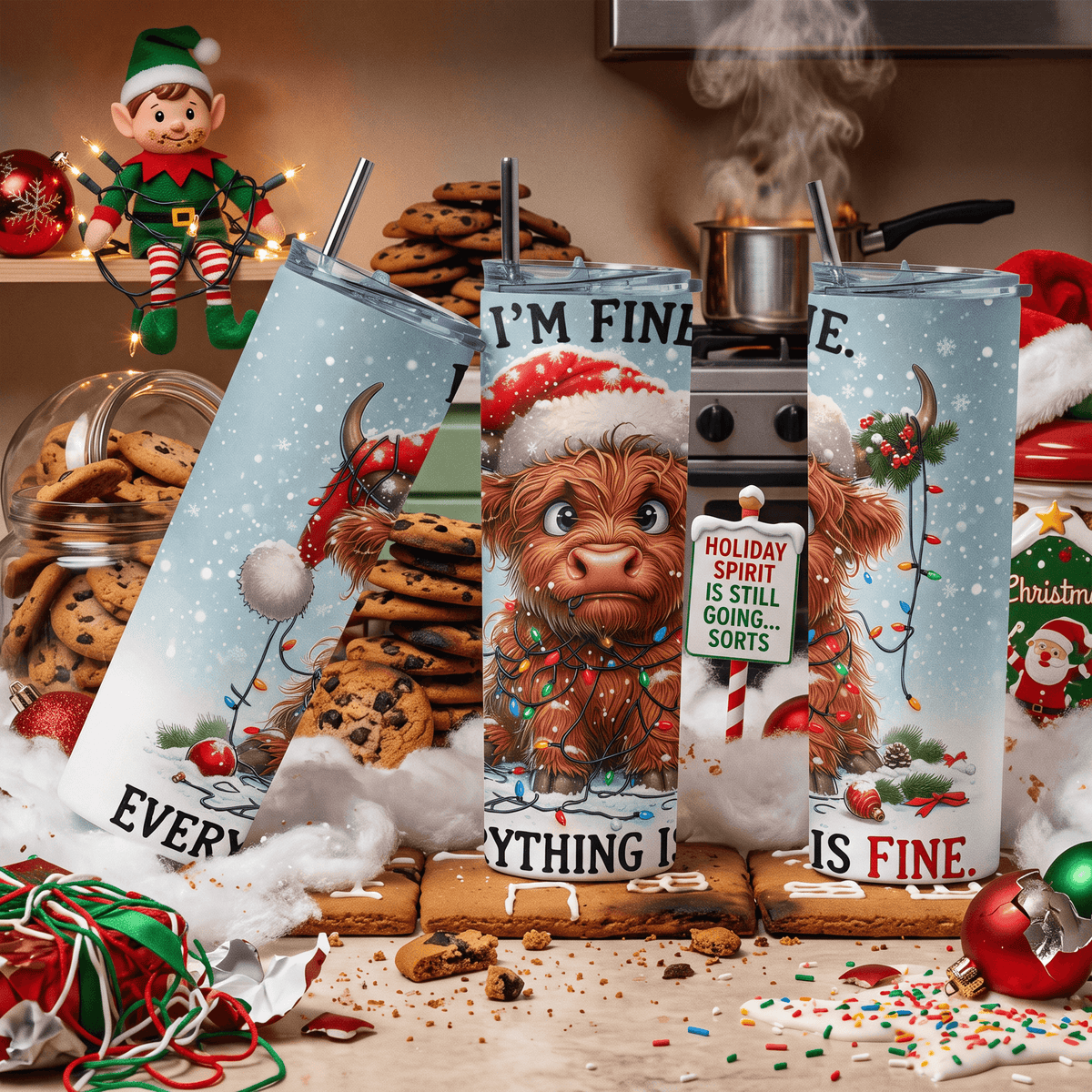 Three tall insulated tumblers with holiday-themed illustrations and text are arranged on a decorated kitchen counter. The tumblers feature a Highland cow, a horned creature, and Christmas motifs, with phrases like 'I'M FINE.