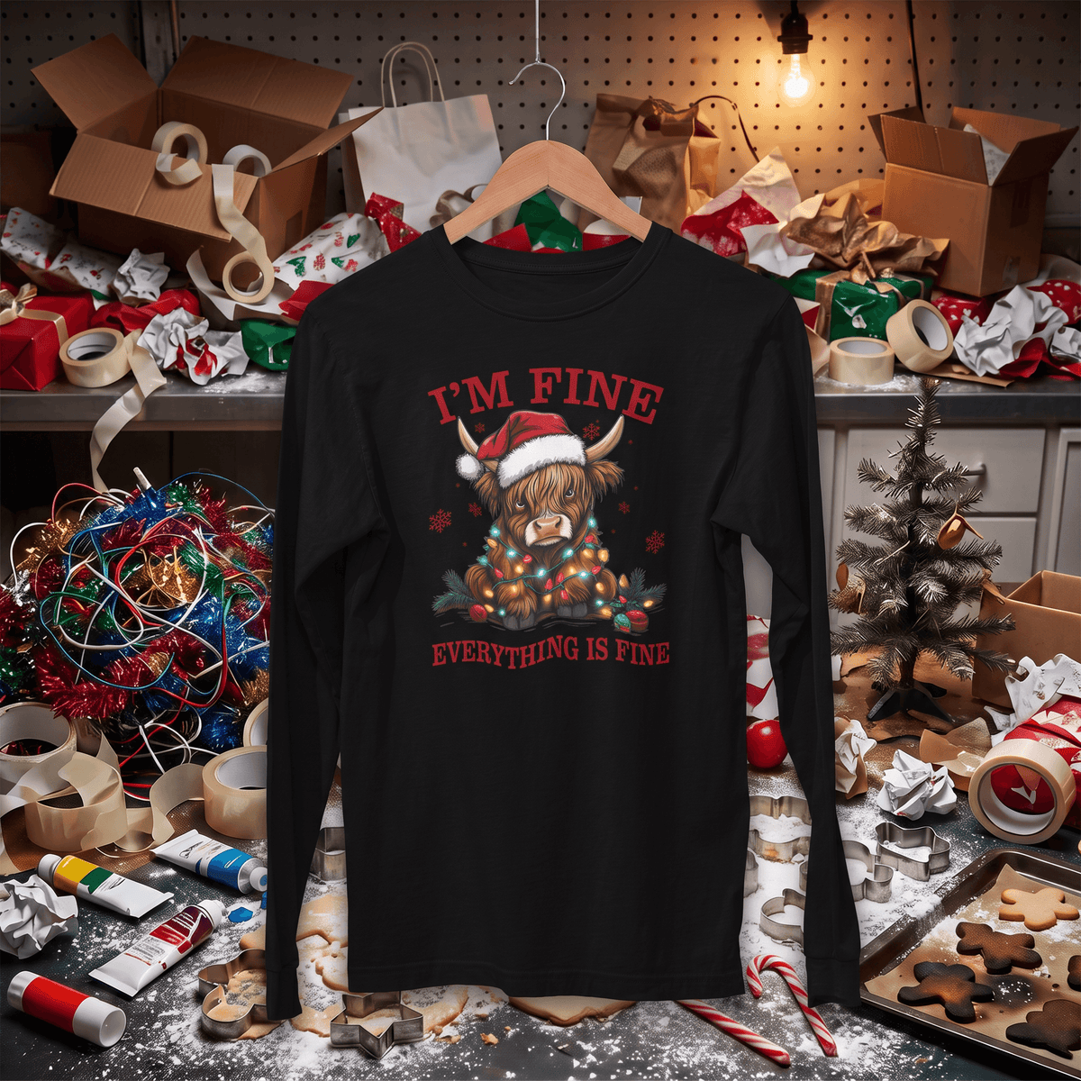 A black long-sleeve t-shirt with a Christmas graphic of a Highland cow wearing a Santa hat, surrounded by ornaments and the text 'I'M FINE' and 'EVERYTHING IS FINE' in red. The shirt is displayed on a wooden hanger against a cluttered, festive holiday workshop background.