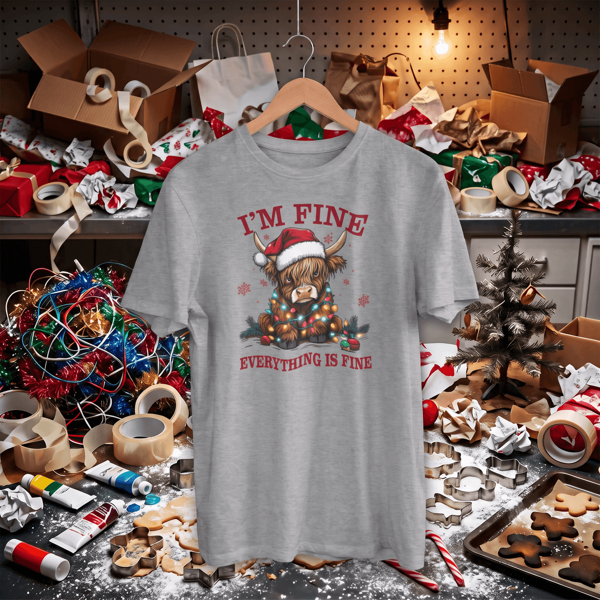 A light gray heather t-shirt with a Christmas Highland cow graphic and the text 'I'M FINE / EVERYTHING IS FINE' hanging on a wooden hanger. The shirt is displayed in a messy, cluttered Christmas workshop environment with wrapping paper, boxes, and holiday decorations.