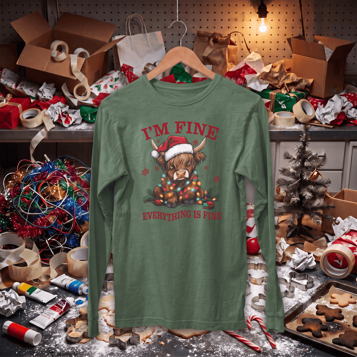 A green long-sleeve t-shirt with a festive graphic of a highland cow in a Santa hat surrounded by ornaments, with the text 'I'M FINE' and 'EVERYTHING IS FINE' in red. The shirt is hanging on a wooden hanger on a shelf surrounded by Christmas decorations, gift boxes, and wrapping paper.