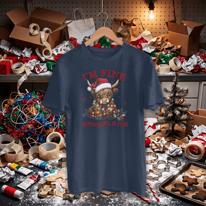 A navy blue graphic t-shirt hanging on a wooden hanger in a messy, cluttered Christmas workshop. The shirt features a graphic of a highland cow wearing a Santa hat and scarf, surrounded by Christmas lights, with the text 'I'M FINE' and 'EVERYTHING IS FINE' in red.