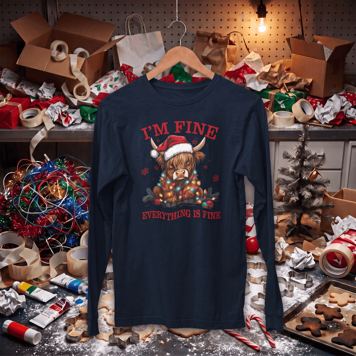 A navy blue long-sleeve t-shirt with a festive graphic of a Highland cow under Christmas lights and the text 'I'M FINE / EVERYTHING IS FINE' in red, hanging on a wooden hanger. The shirt is displayed in a cluttered, festive workshop or bakery environment with wrapping paper, lights, and cookies.