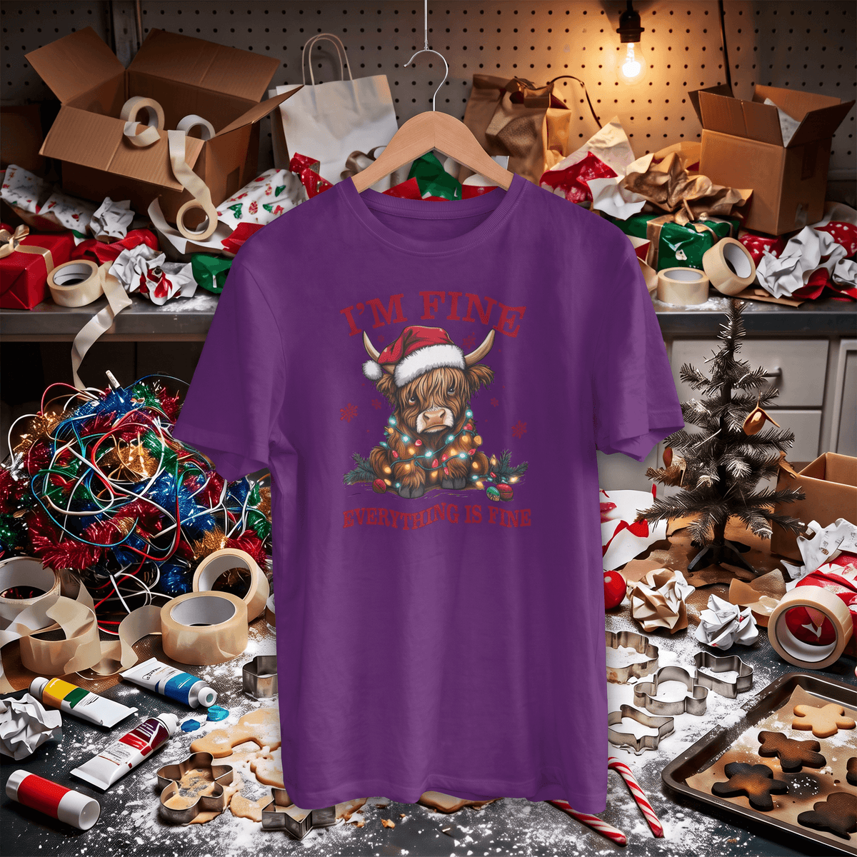 A purple short-sleeve graphic t-shirt on a wooden hanger, featuring a Highland cow in a Santa hat surrounded by Christmas lights and the text 'I'M FINE' and 'PERFECTLY FINE IS NOT'. The shirt is displayed in a cluttered, festive craft workspace filled with boxes, tape, holiday lights, and cookie cutters.