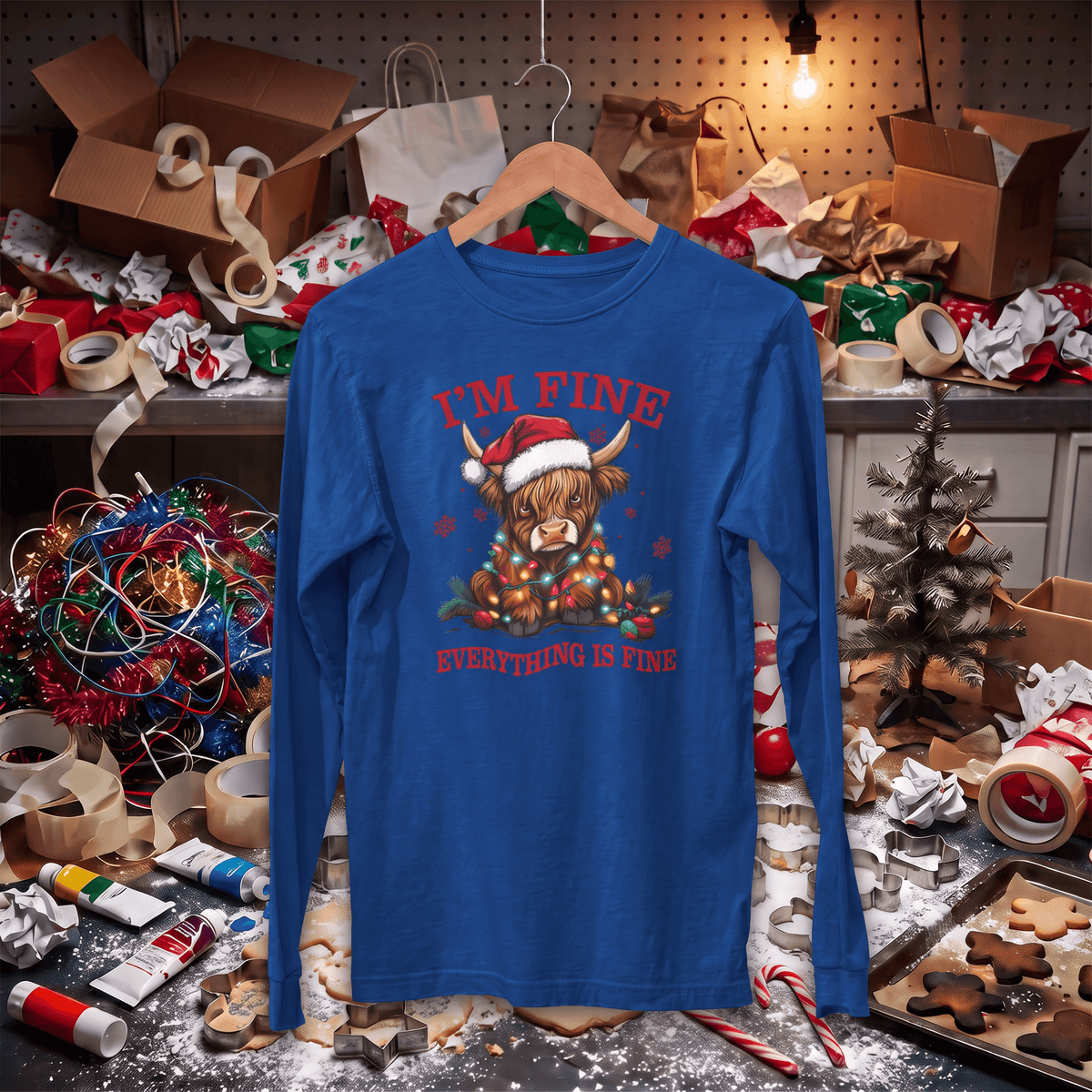 A royal blue long-sleeve t-shirt with a festive graphic of a highland cow in a Santa hat surrounded by ornaments, with the text 'I'M FINE' and 'EVERYTHING IS FINE' in red. The shirt is displayed on a wooden hanger against a busy, cluttered Christmas-themed background with wrapping paper, boxes, and holiday decorations.