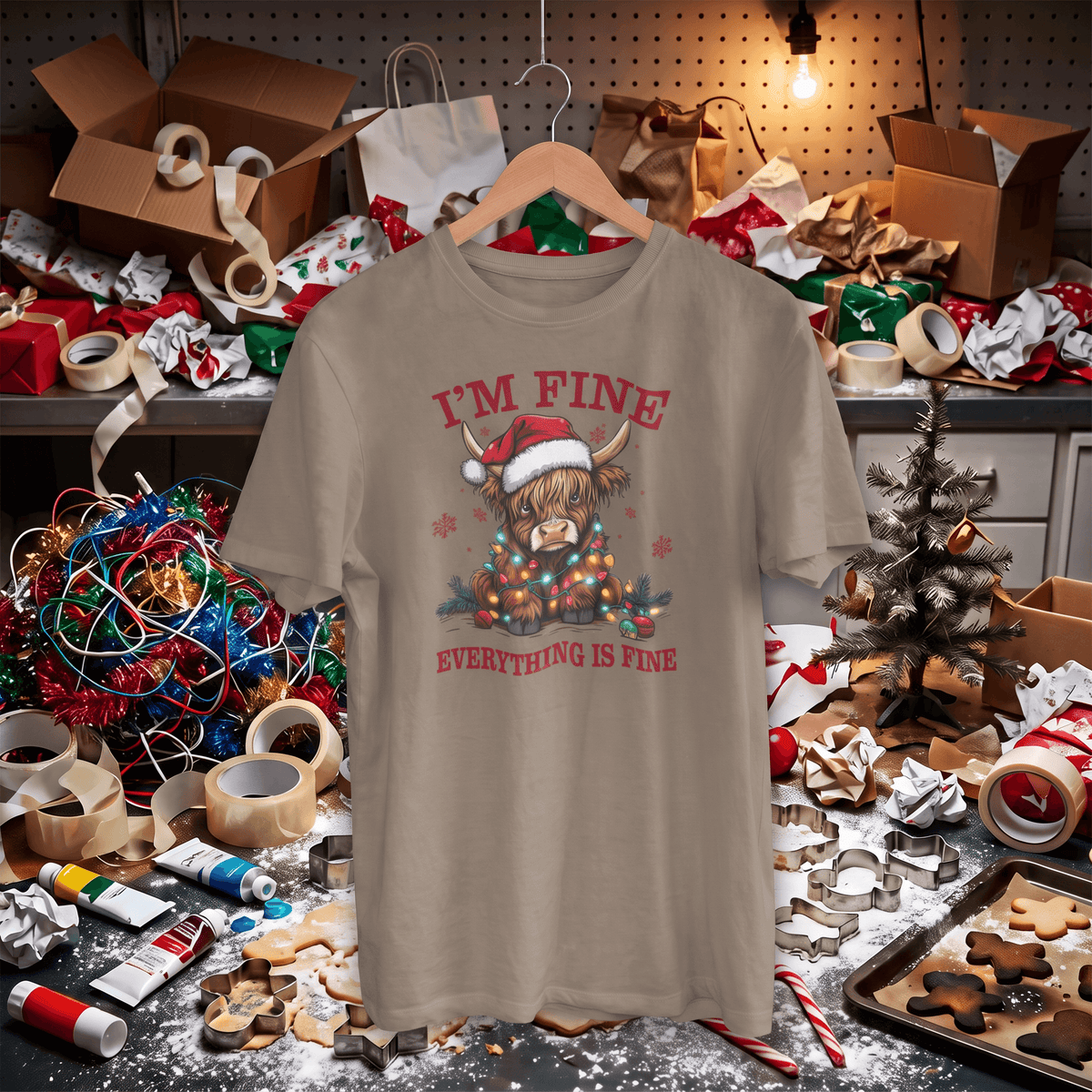 A beige graphic t-shirt on a wooden hanger, featuring a Highland cow illustration with a Santa hat and the text 'I'M FINE' and 'EVERYTHING IS FINE' in red. The shirt is displayed in a cluttered, festive Christmas workshop setting with wrapping paper, boxes, and holiday decorations.