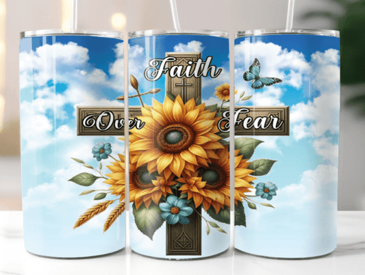 Faith Over Fear Sunflower Cross - 20 Oz Tumbler