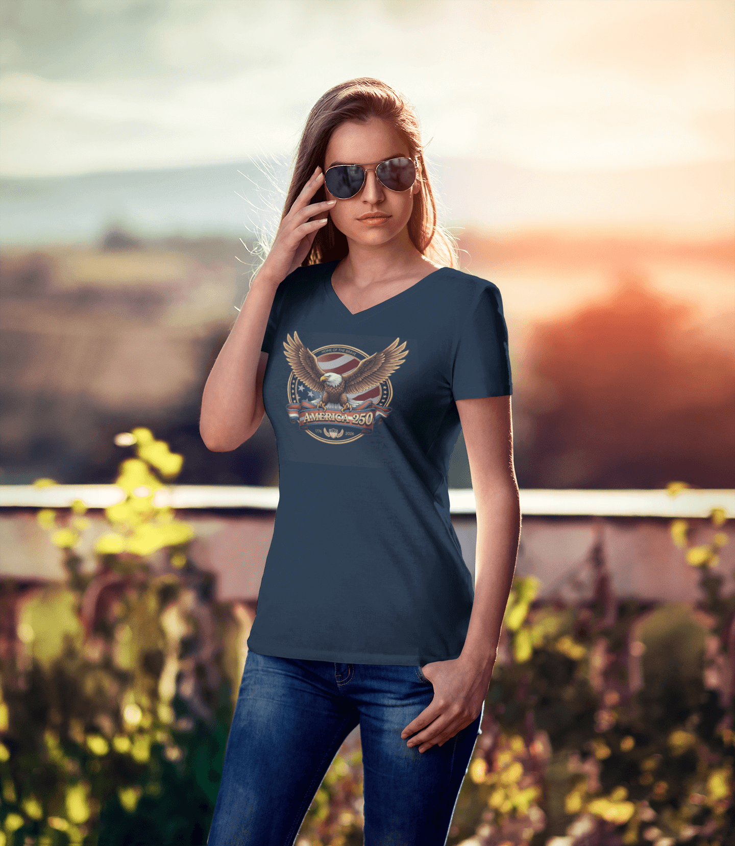 Home of the Brave: America 250 Crest Tee - Ladies V-Neck