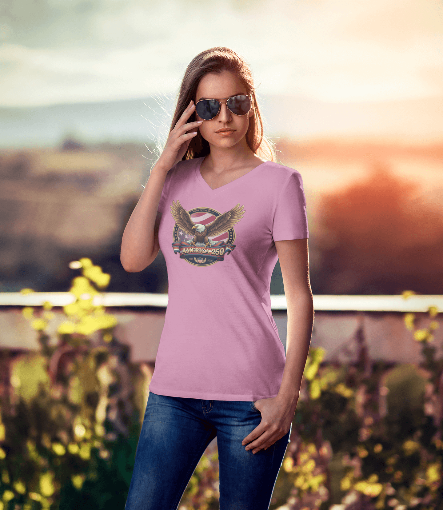 Home of the Brave: America 250 Crest Tee - Ladies V-Neck
