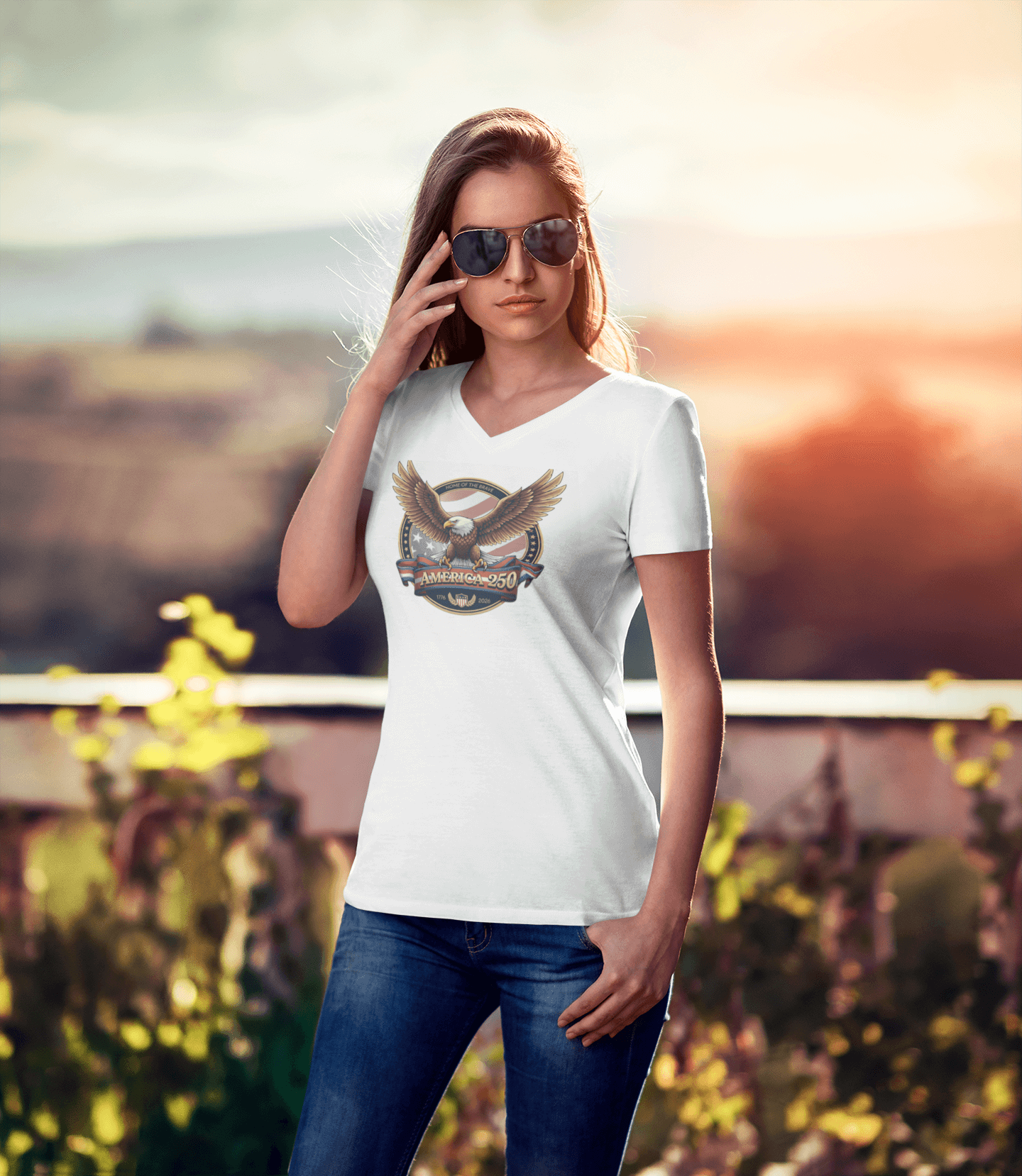 Home of the Brave: America 250 Crest Tee - Ladies V-Neck