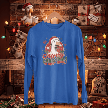 A royal blue long-sleeve t-shirt with a Christmas goose graphic hanging on a wooden hanger. The graphic features a white goose wearing a red Santa hat with the text 'Merry Christmas Ya Ducky Animal!'.