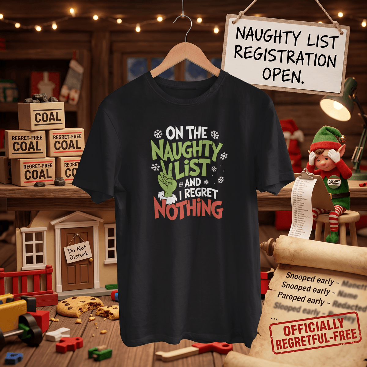 A navy graphic t-shirt hanging on a wooden hanger in a rustic holiday-themed room setting. The shirt features a festive graphic with the text 'ON THE NAUGHTY LIST AND I REGRET NOTHING' in white, green, and red lettering, accompanied by a Grinch face and snowflake details.