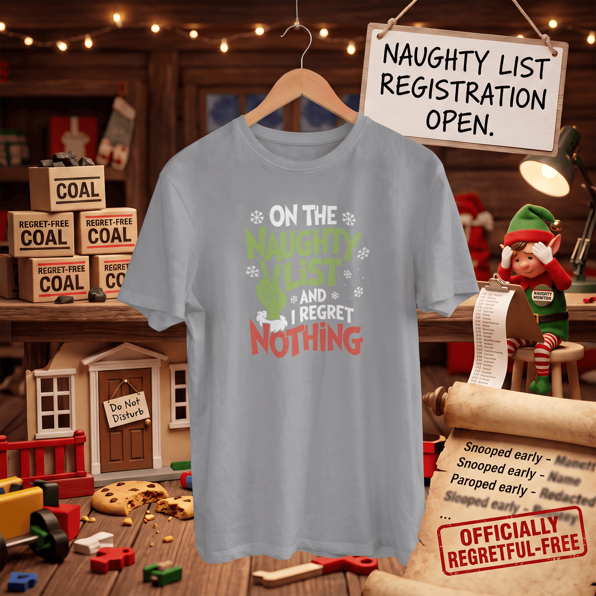 A light blue crewneck t-shirt with a humorous Christmas-themed graphic reading 'ON THE NAUGHTY LIST I REGRET NOTHING' in green, white, and red, hanging on a wooden hanger in a busy, themed room setting with an elf, coal blocks, and a registration sign.