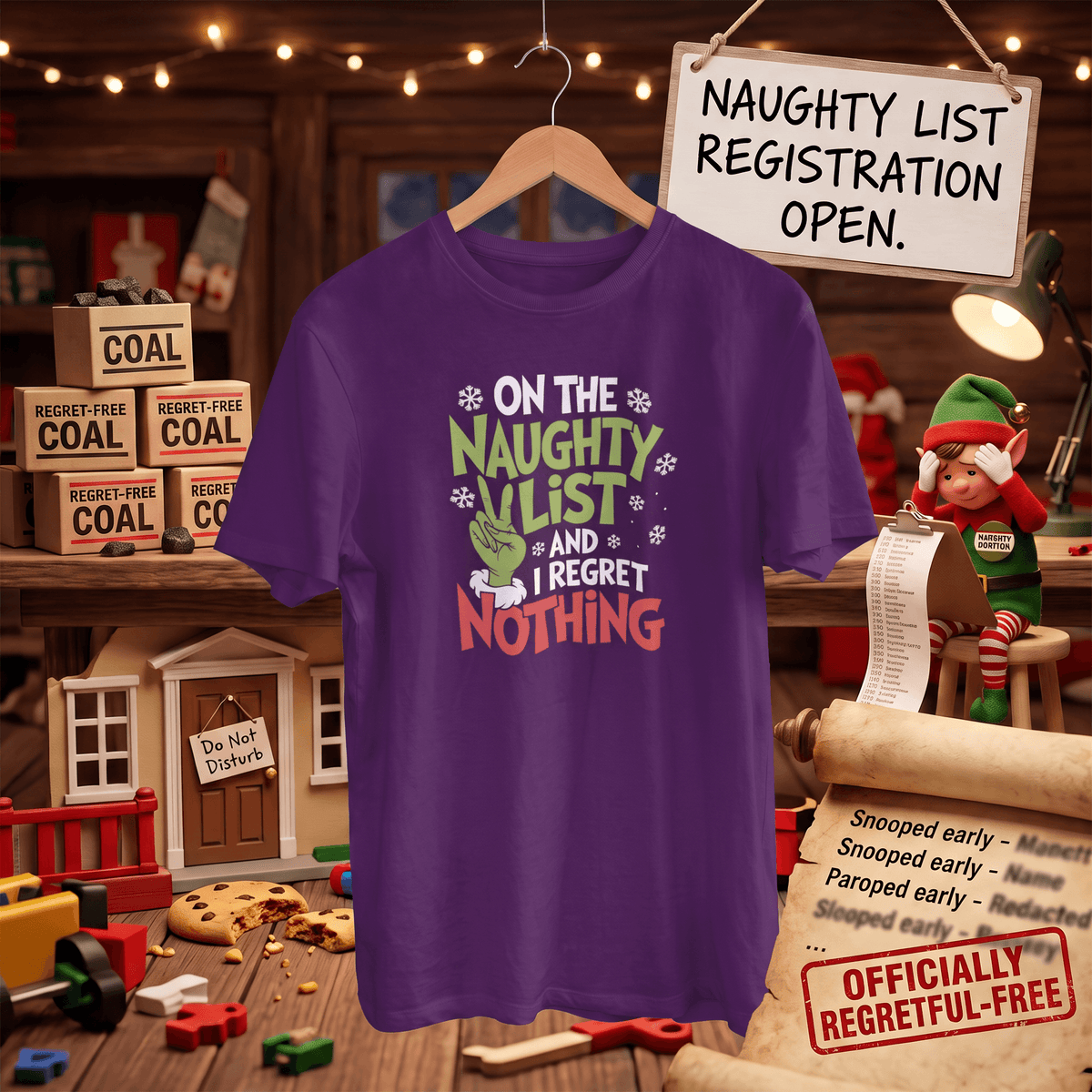 A purple graphic t-shirt hanging on a wooden hanger in a themed Christmas workshop setting. The shirt features a Grinch-themed graphic with the text 'ON THE NAUGHTY LIST AND I REGRET NOTHING' in green, white, and red.