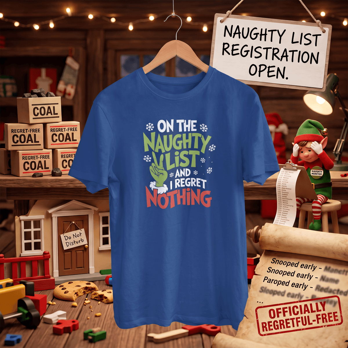 A blue graphic t-shirt hanging on a wooden hanger in a Christmas-themed room setting. The shirt features a festive graphic with the text 'ON THE NAUGHTY LIST AND I REGRET NOTHING' in green, white, and red lettering, accompanied by a green stocking and snowflake details.