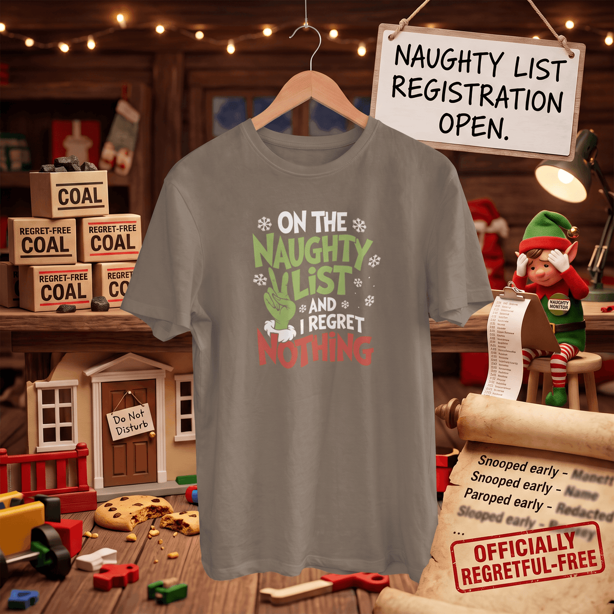 A gray graphic t-shirt hanging on a wooden hanger in a cozy, decorated workshop setting. The shirt features a festive graphic that reads 'ON THE NAUGHTY LIST AND I REGRET NOTHING' in green, white, and red lettering with a green hand graphic.