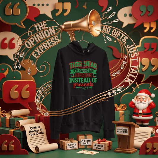 A black pullover hoodie with a humorous Christmas-themed graphic reading 'THIS YEAR I'M GIVING MY OPINION INSTEAD OF presents' is centered in a stylized holiday scene. The background features a green wall with speech bubbles, a gold megaphone, scrolls, gift boxes, and a small Santa figure.